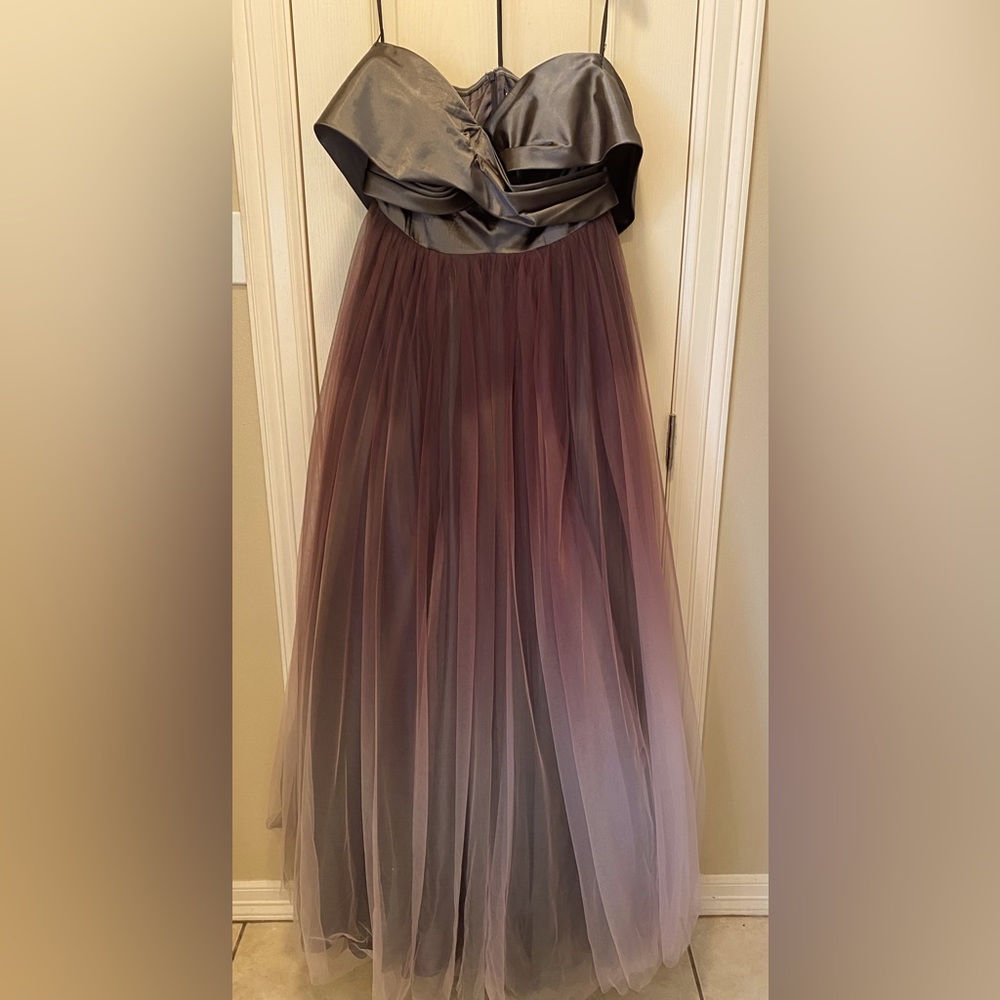 Strapless Ombre Tulle Evening Gown - Gray/Purple